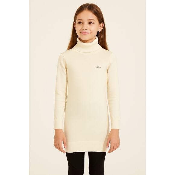 Guess Girls Cream Logo Knit Turtleneck Long Tunic Sweater Size 12 Soft Rayon - Picture 2 of 13